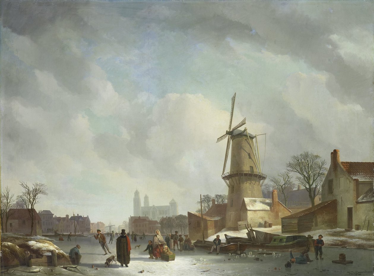 Rulla på en frusen kanal i en stad av Abraham Johannes Couwenberg