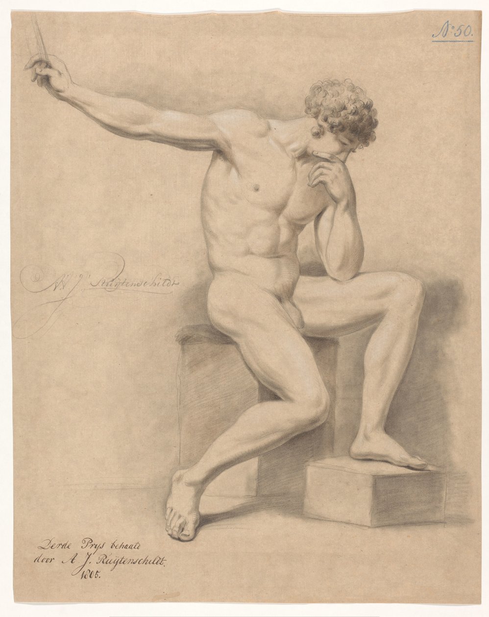 Sittande manlig naken, sedd framifrån (3:e pris 1805) av Abraham Johannes Ruytenschildt