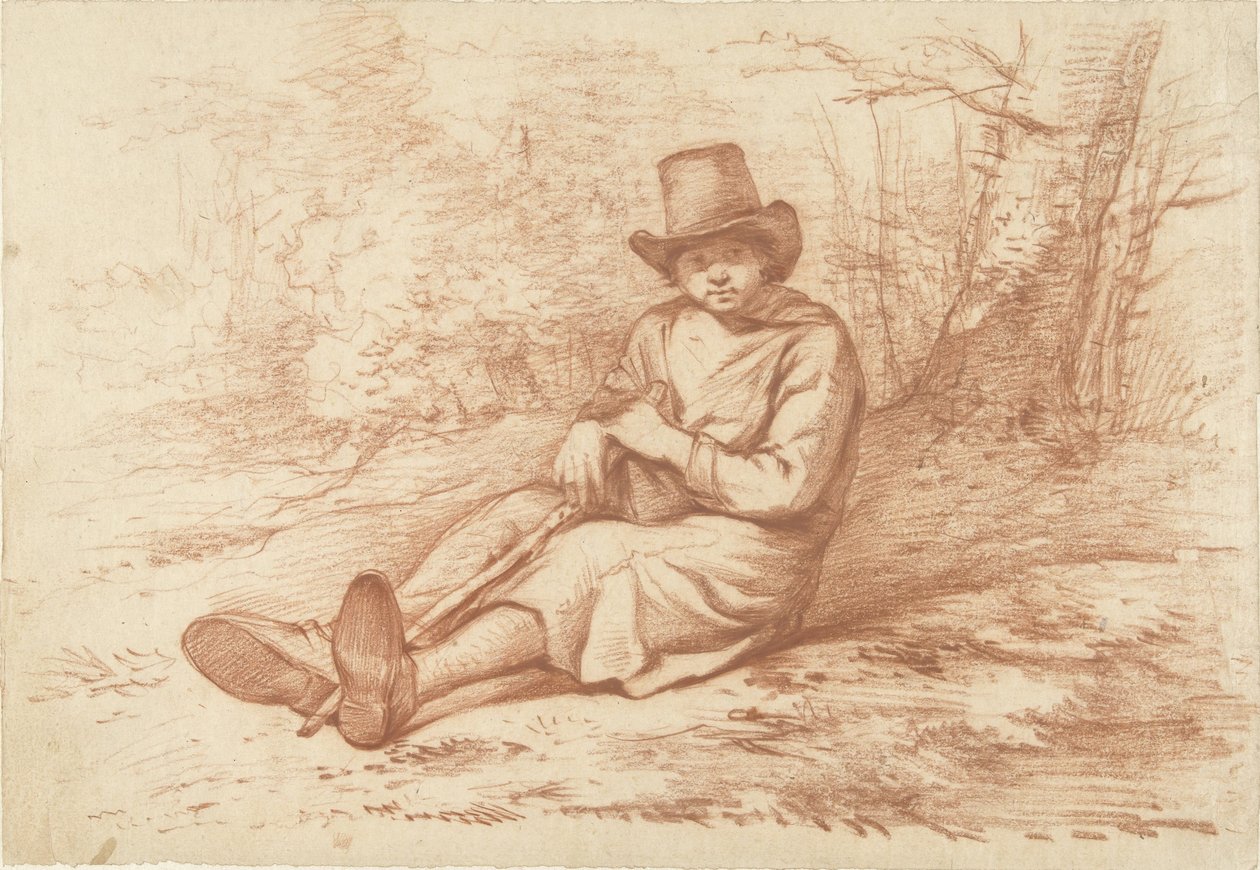 Sittande pojke med hatt och pinne, vid ett träd av Abraham Johannes Ruytenschildt