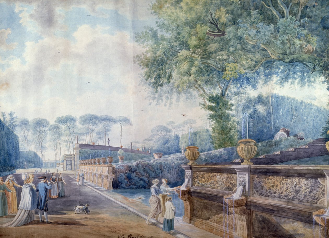 Trädgårdarna i Palazzo Doria Pamphilj, Rom (penna, bläck och akvarell) av Abraham L. Rudolph (attr. to) Ducros