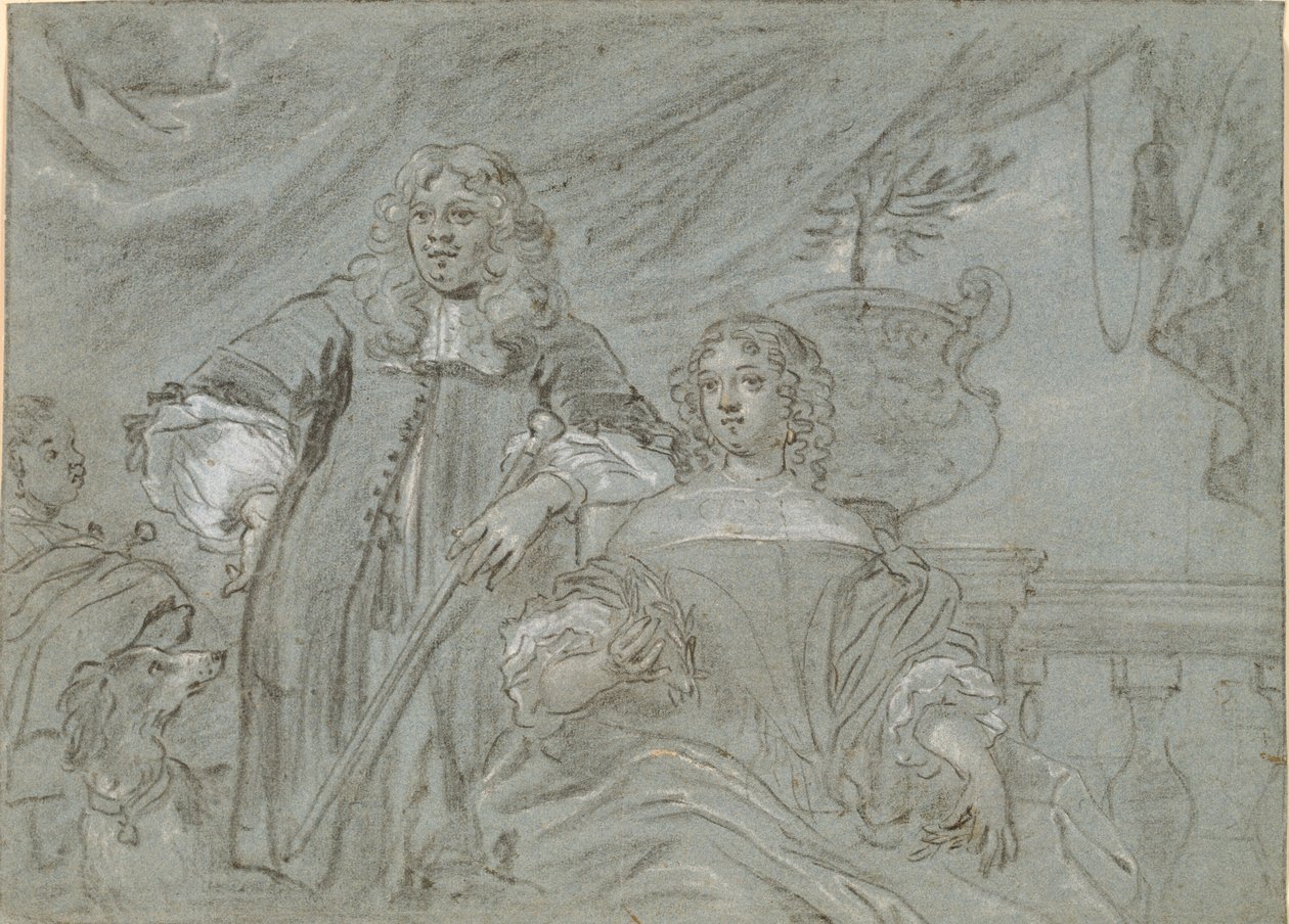 Grupp av en sittande dam och en stående gentleman, knästående figurer. I bakgrunden en svart afrikan och en hund, t.h. en balustrad av Abraham Lambertsz. van den Tempel