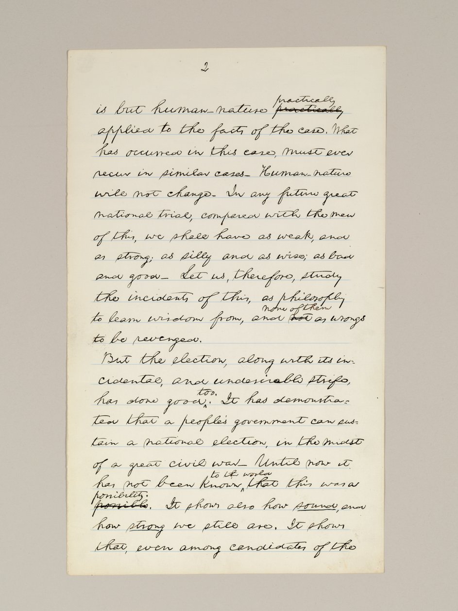 Autografmanuskript av Lincolns valsegertal som president, levererat i Washington D.C., från Vita husets fönster på kvällen den 10 november av Abraham Lincoln