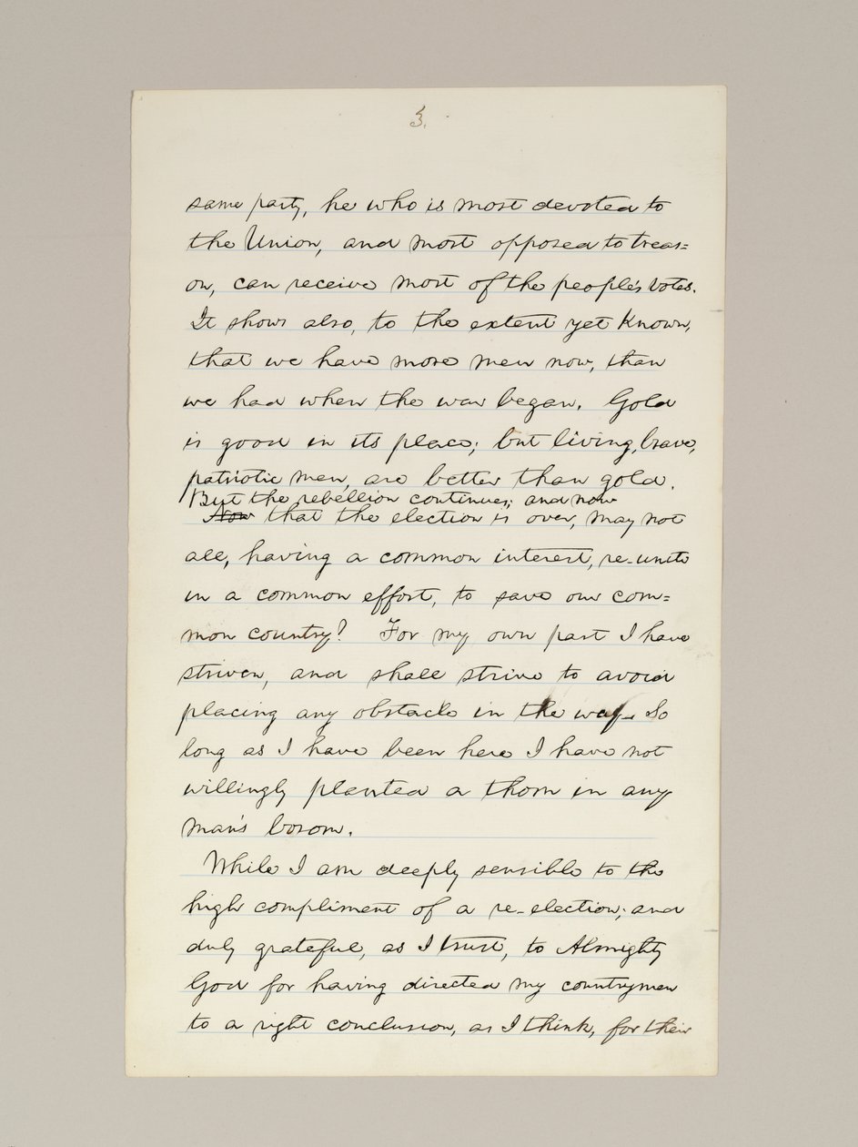 Autografmanuskript av Lincolns valsegertal som president, levererat i Washington D.C., från Vita husets fönster på kvällen den 10 november av Abraham Lincoln