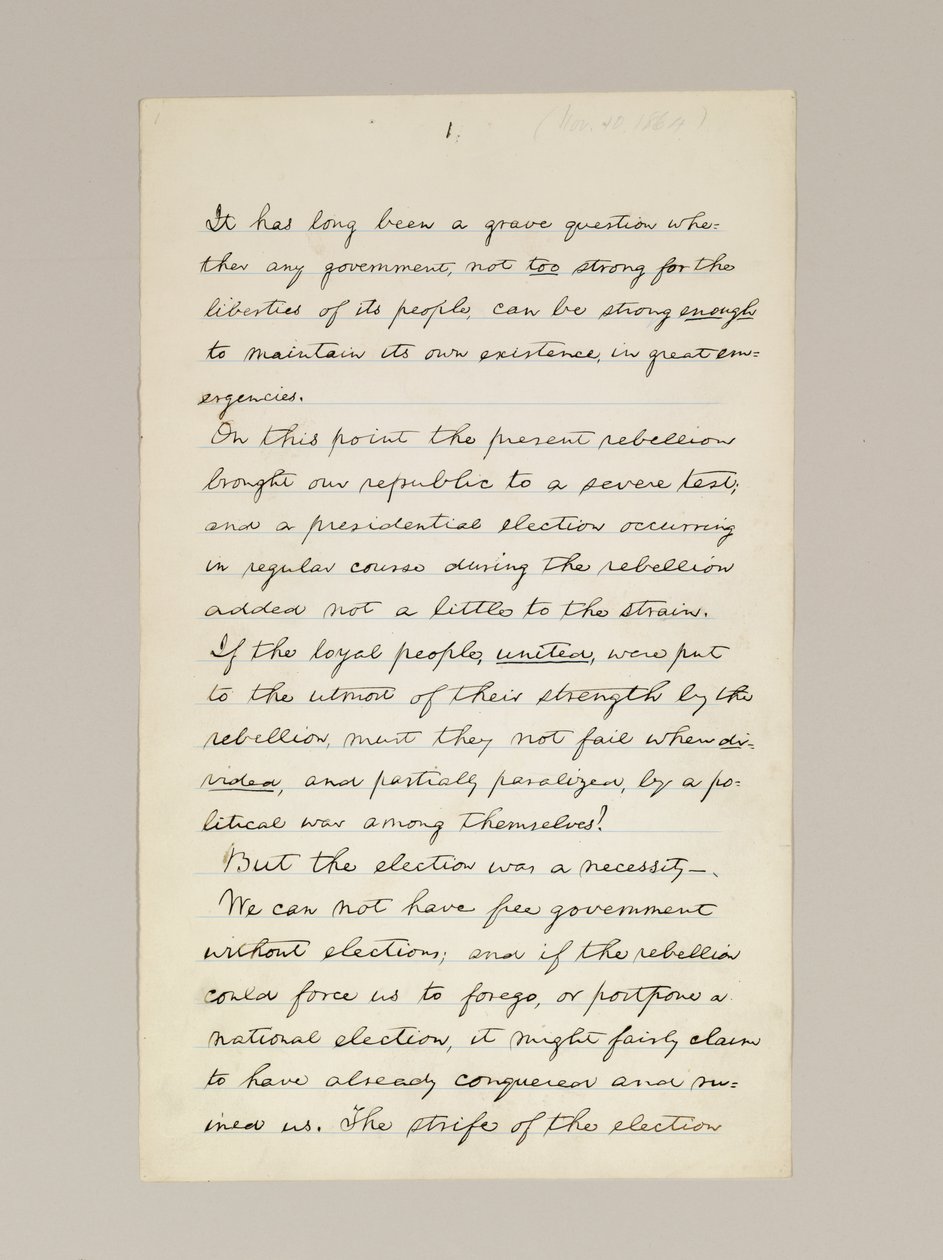 Autografmanuskript av Lincolns valsegertal som president, levererat i Washington D.C., från Vita husets fönster på kvällen den 10 november av Abraham Lincoln