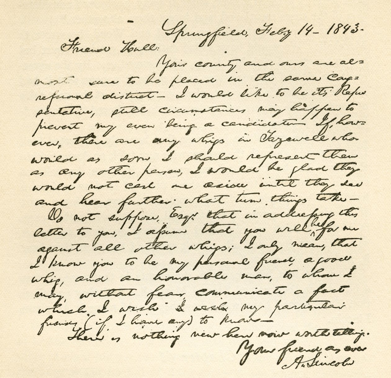 Brev från Abraham Lincoln till Alden Hall, daterat den 14 februari 1843 av Abraham Lincoln