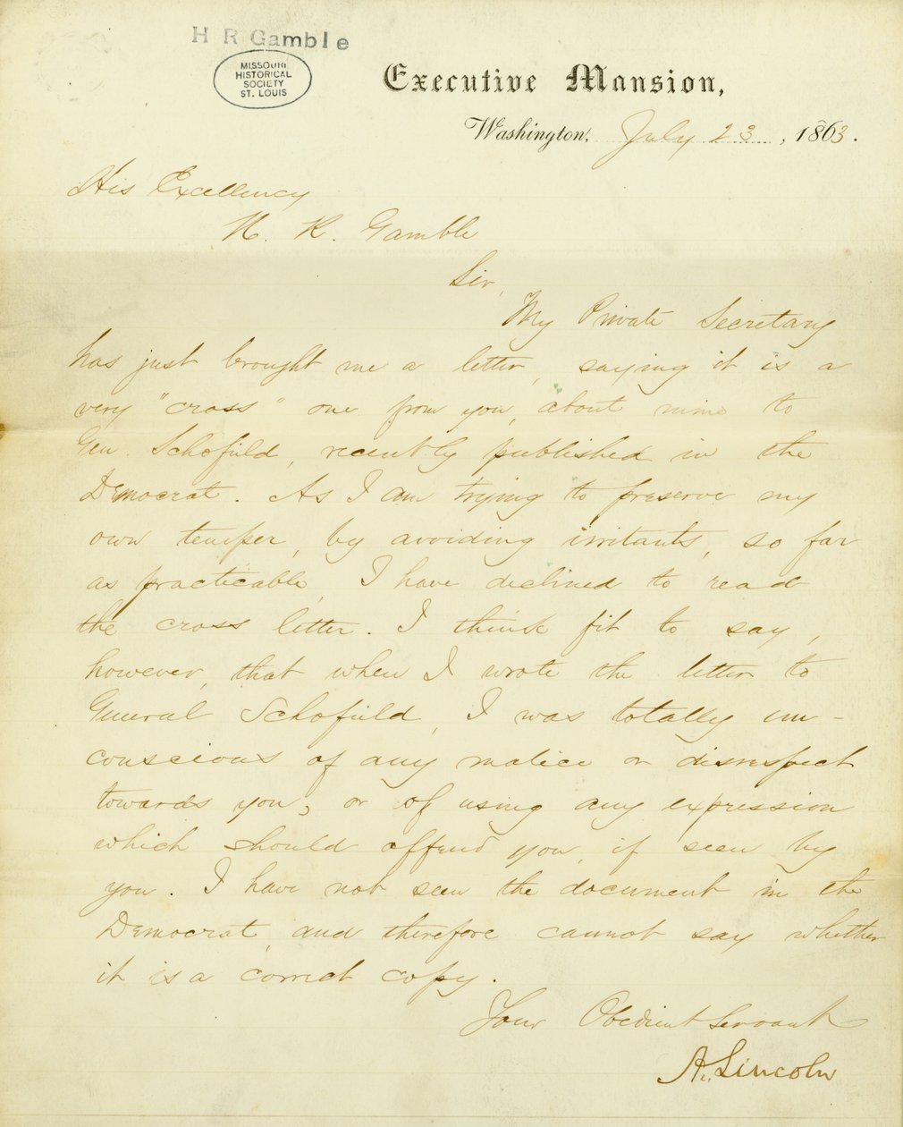 Letter signed A. Lincoln, Executive Mansion, Washington, to His Excellency, H.R. Gamble, July 23, 1863 av Abraham Lincoln