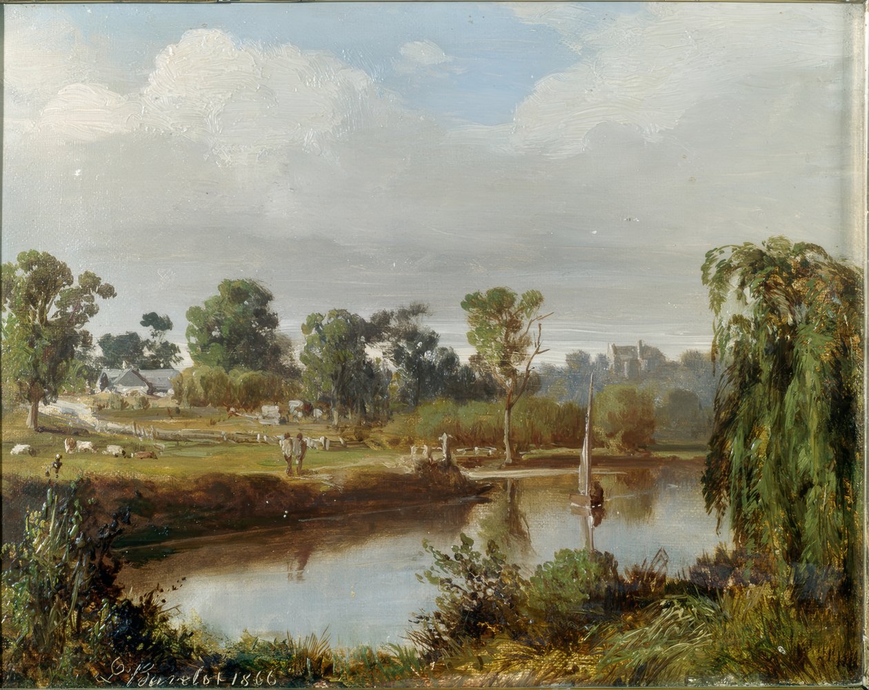 Flod med segelbåt (Australiensiska landsbygden, Melbourne-området) av Abraham Louis Buvelot