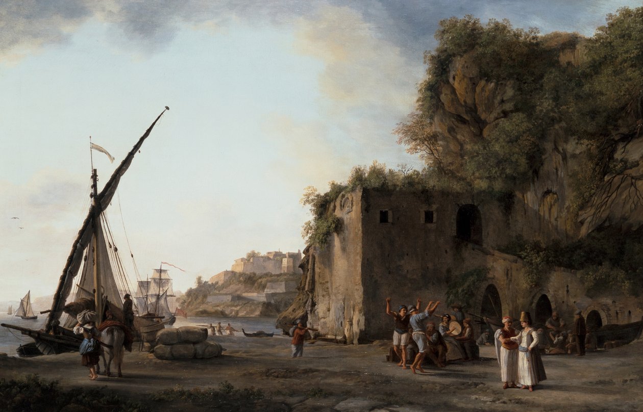 Par: Hamnvy med köpmän och sjömän som spelar musik av Abraham Louis Rudolph Ducros