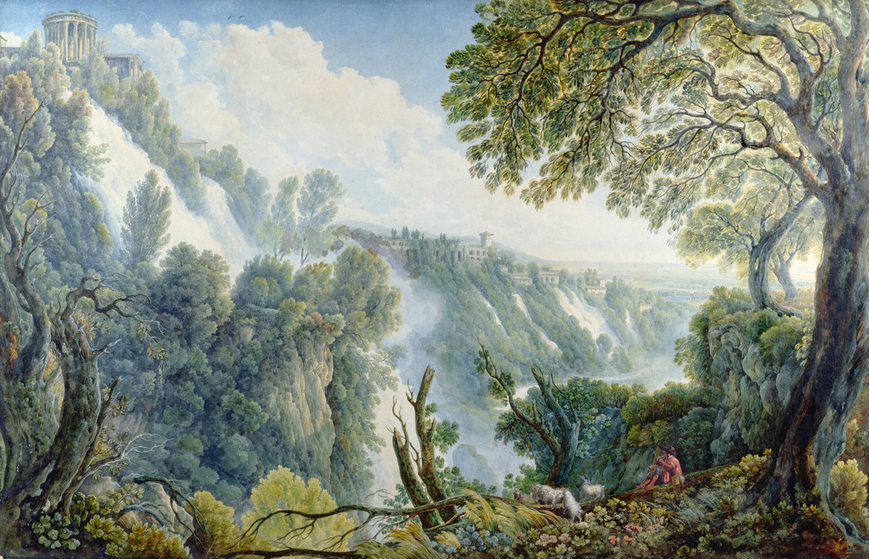 Tivolis fall med en man som sitter nedanför Sibylltemplet (penna, bläck, wc, gouache) av Abraham Louis Rudolph Ducros