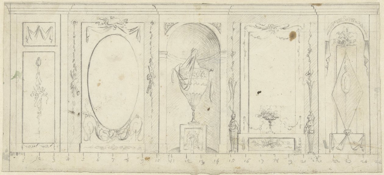 Design för rumsdekoration med fem paneler, den mellersta med dekorativ vas av Abraham Meertens