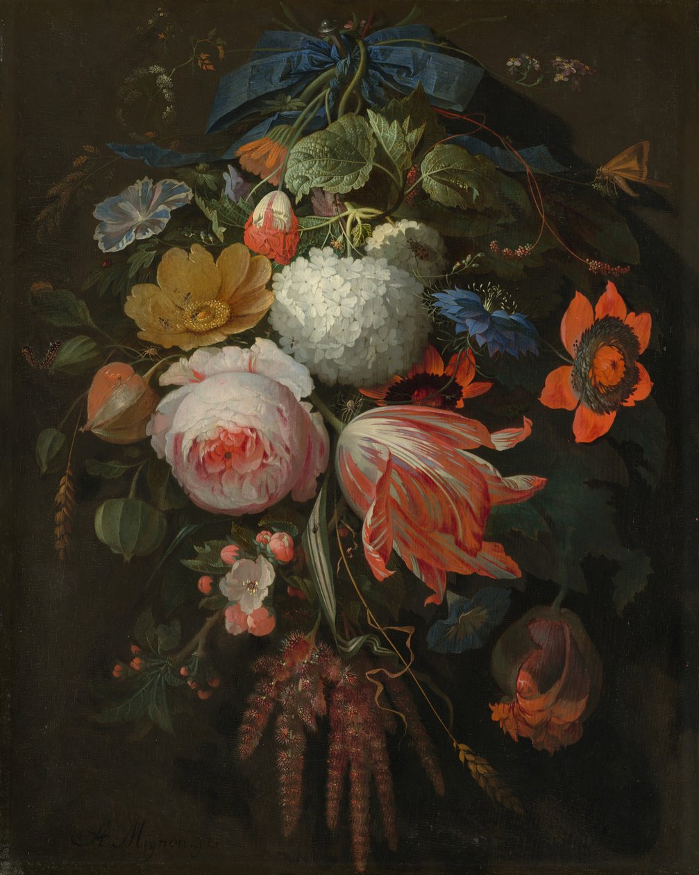 En hängande bukett med blommor av Abraham Mignon