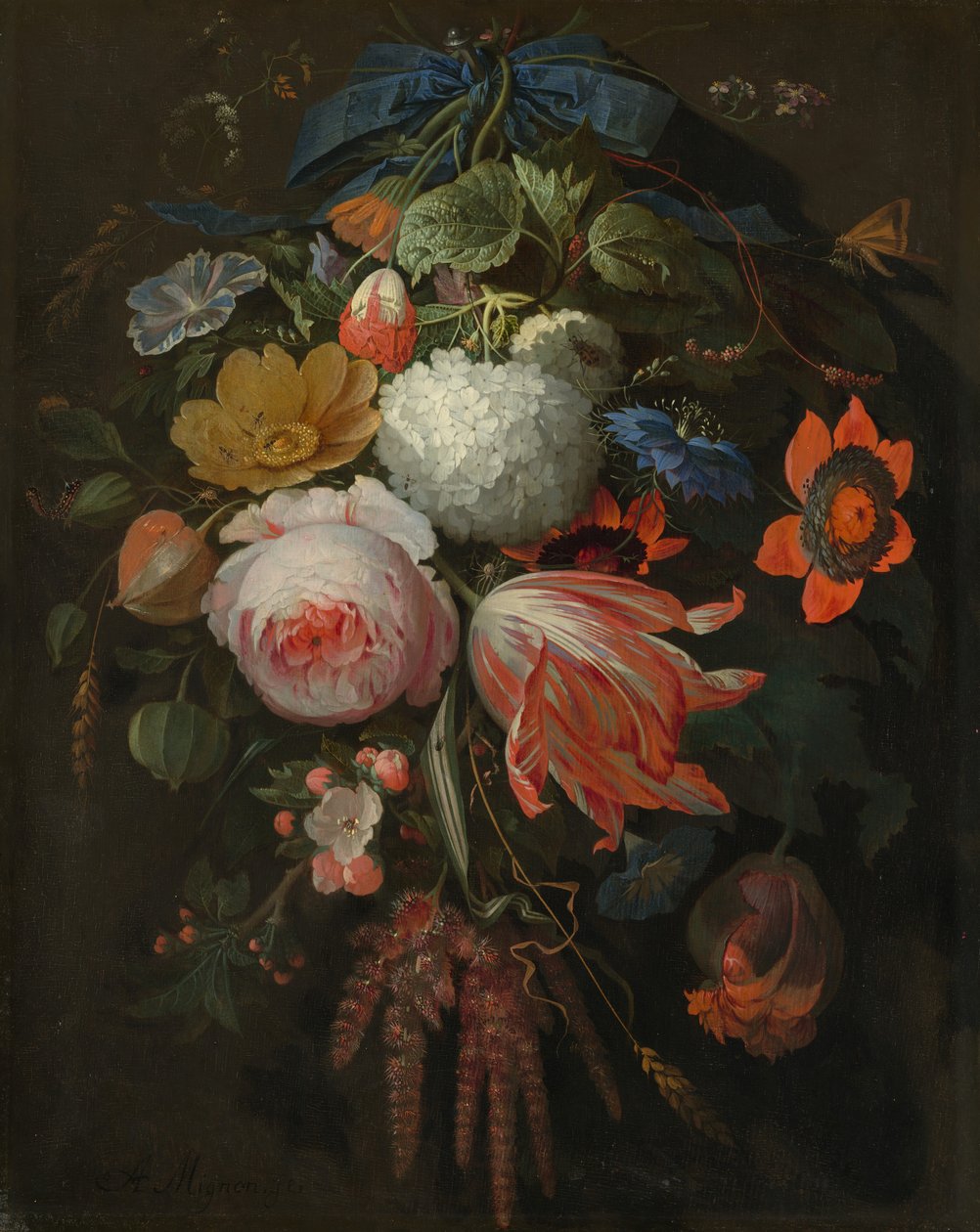 En hängande bukett blommor, troligen 16651670. av Abraham Mignon