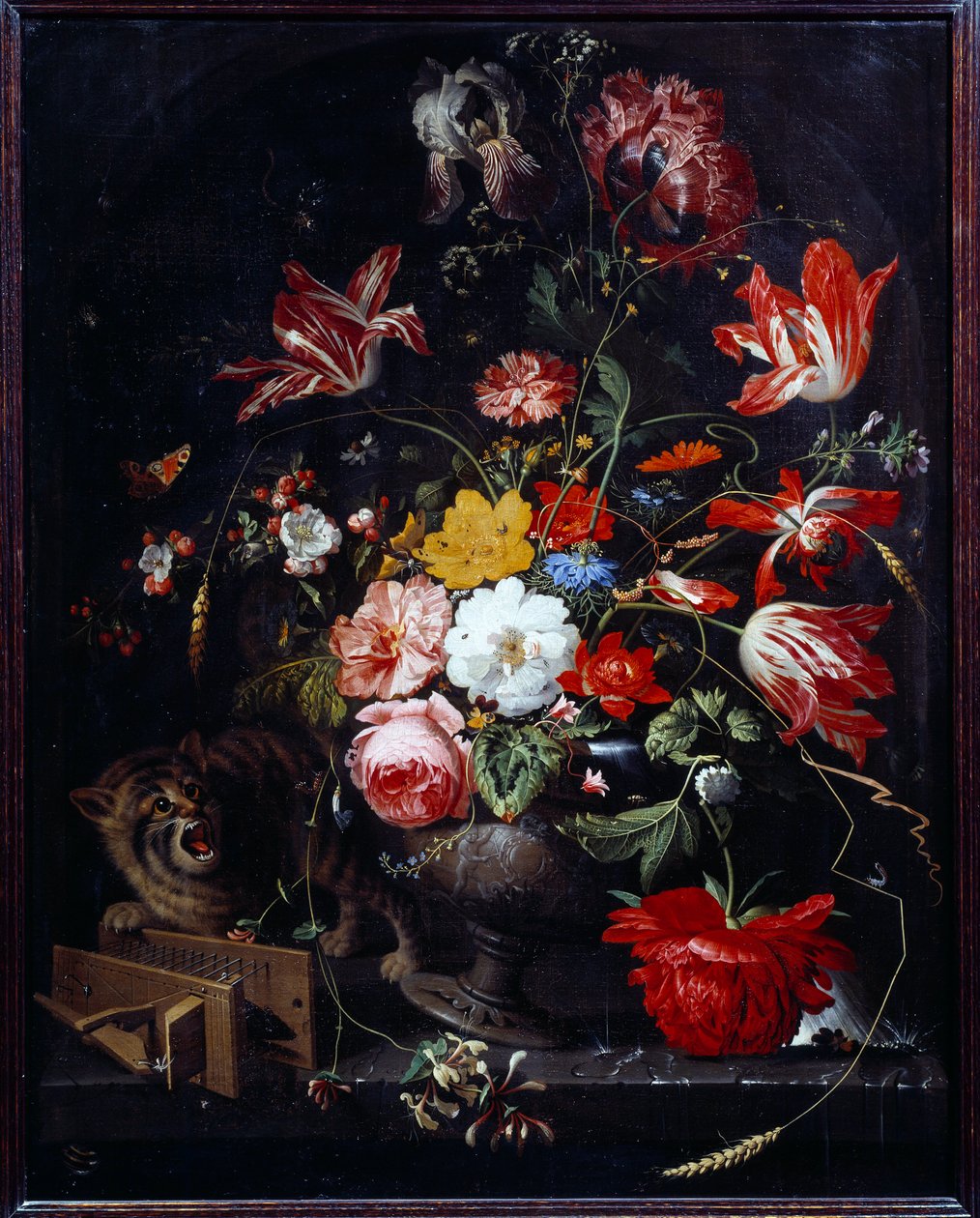 Katt slår ner en blomvas. Målning av Abraham Mignon (1640-1679) ec. Allt av Abraham Mignon