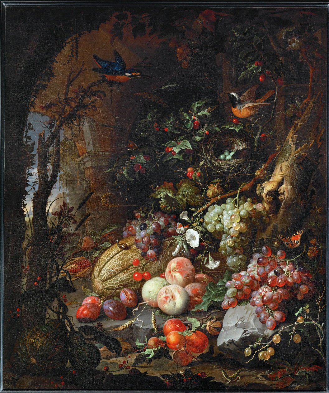 Blommor, frukt, fåglar och insekter i ett landskap av ruiner ... av Abraham Mignon