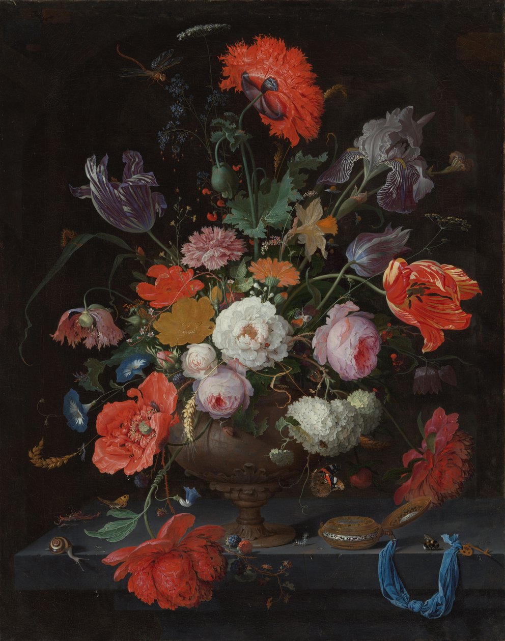 Stilleben med blommor och en klocka, ca 1660-79 (olja på duk) av Abraham Mignon