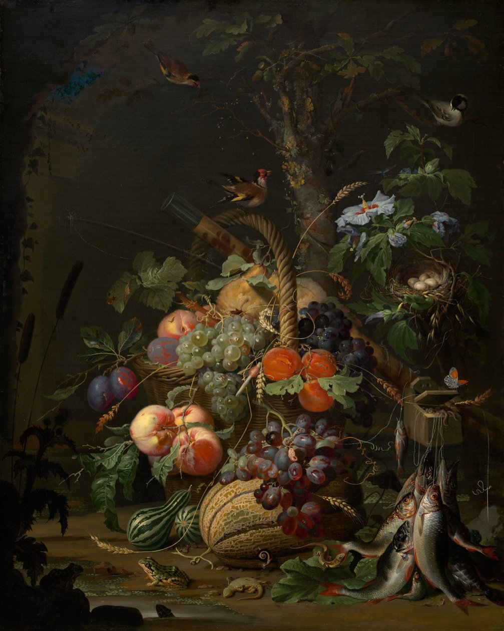 Stilleben med frukt, fisk och ett bo av Abraham Mignon