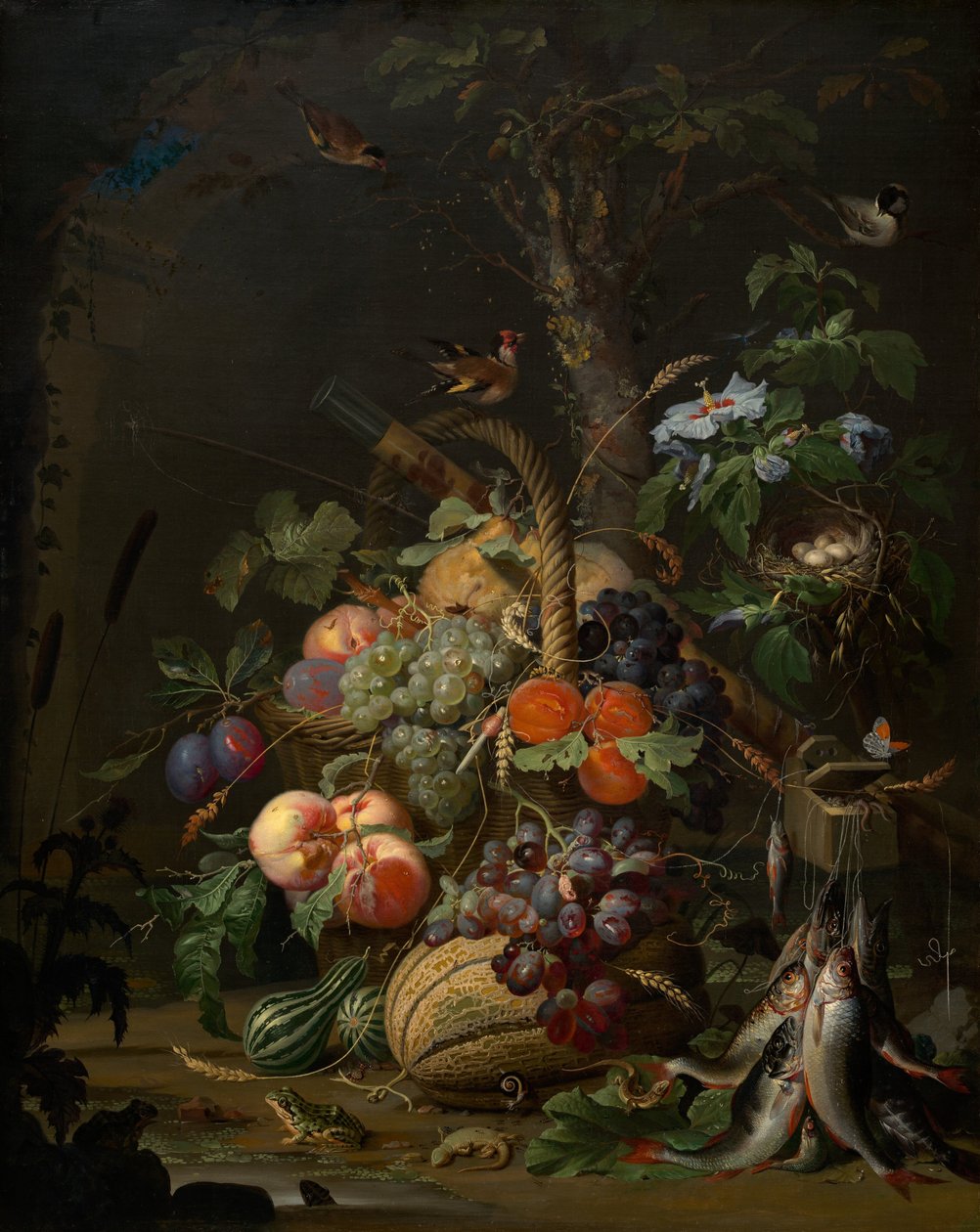 Stilleben med frukt, fisk och ett bo, ca. 1675. av Abraham Mignon