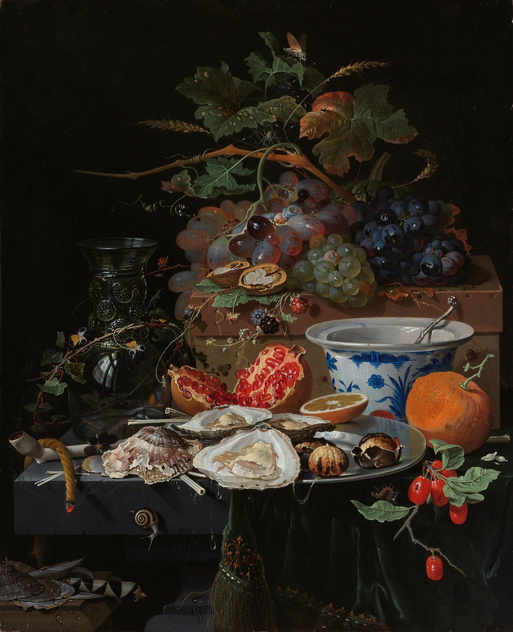 Stilleben med frukt, ostron och en porslinsskål av Abraham Mignon