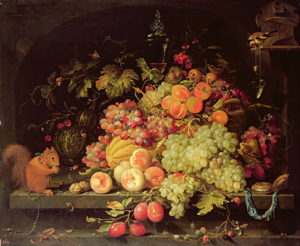 Stilleben med frukt, ekorre och guldfink av Abraham Mignon