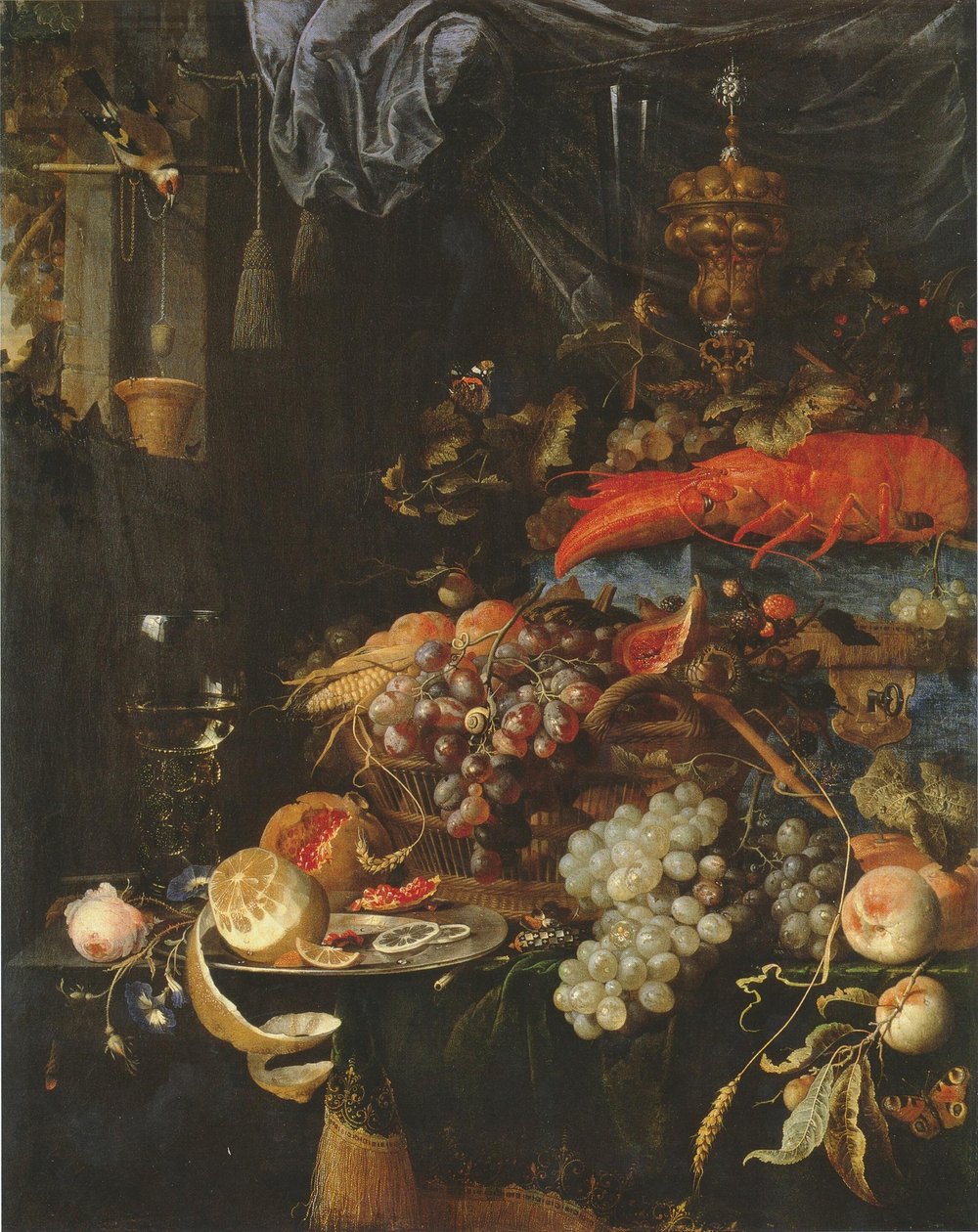 Stilleben med frukt, en hummer och en steglits av Abraham Mignon