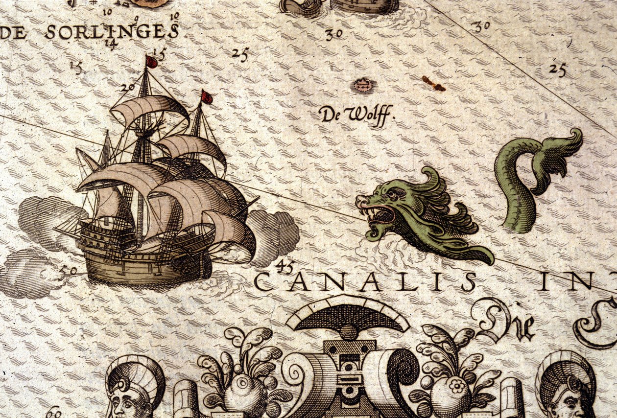 Ett marinmonster som attackerar en galjon (karavel). Detalj av en karta i "Theatrum Orbis Terrarum" av Abraham Ortelius, Antwerpen 1584 av Abraham Ortelius