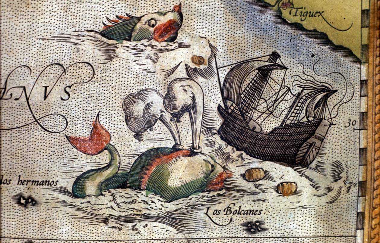 En val attackerar ett skepp. Tallrik från en upplaga av "Theatrum Orbis Terrarum" av kartografen Abraham Ortelius (1527-1598) av Abraham Ortelius