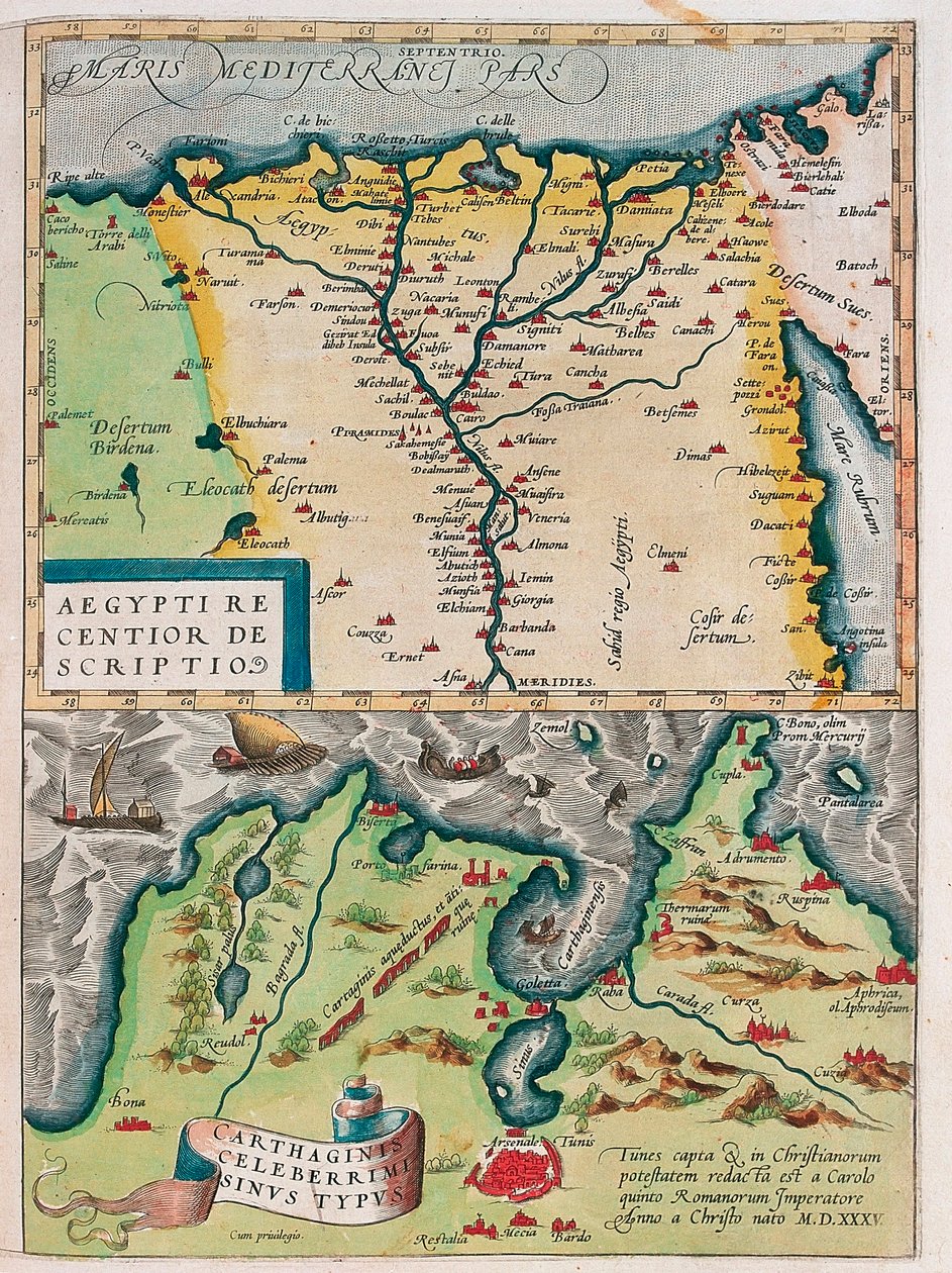 En nyare beskrivning av Egypten. - Carthage Bay Typ Geografikarta över Egypten med städerna Nilen och Kartago (Tunisien) från "Theatrum Orbis Terrarum" av Abraham Ortelius (Oertel, Ortell eller Ortel av Abraham Ortelius