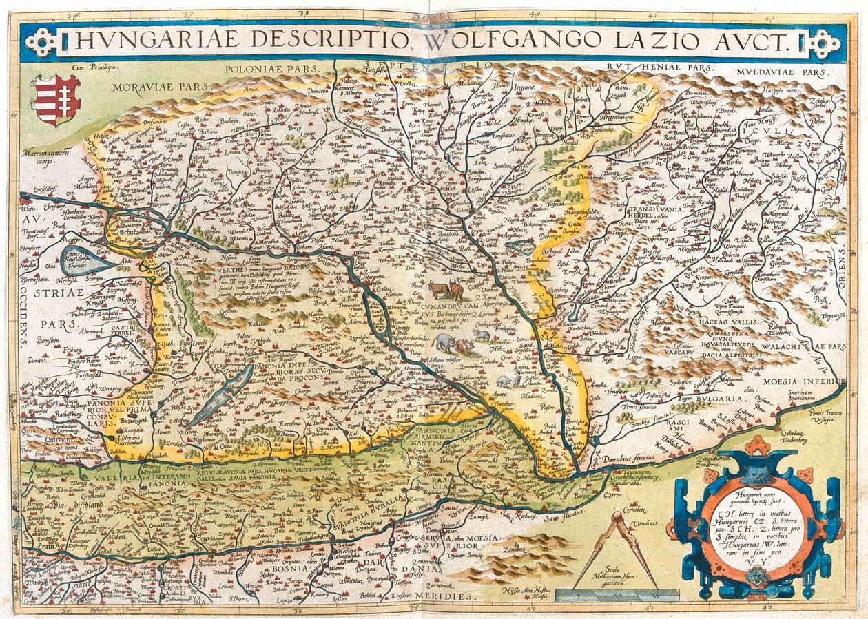 Österrike, Slovenien, Bosnien och Hercegovina, Serbien, Rumänien, Tjeckien, Slovakien, Ungern, västra Ukraina av Abraham Ortelius
