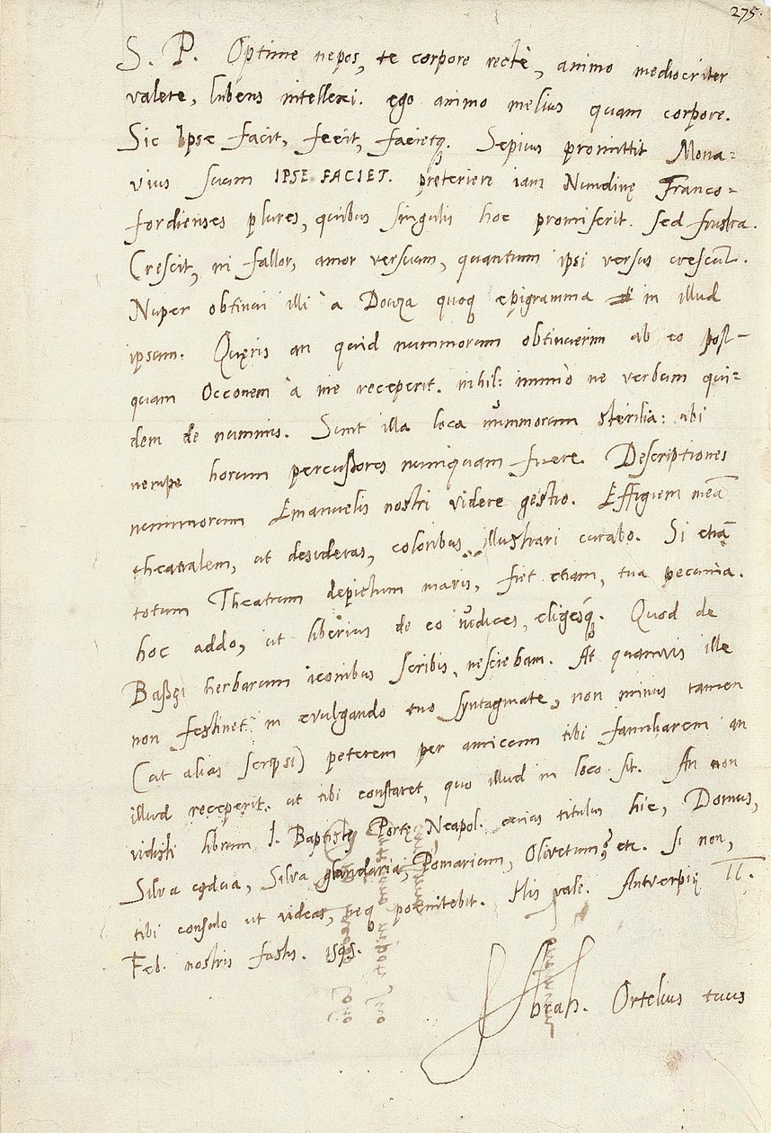 Autografbrev undertecknat till hans brorson, Jacob Cool (Jacobus Colius), Antwerpen, 2 februari 1595 (penna och bläck på papper) av Abraham Ortelius
