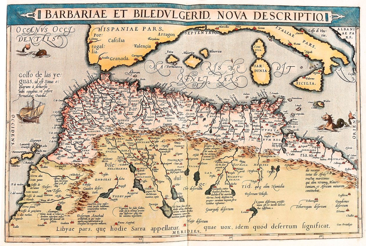 Barbaria och Biledulgerid Geografikarta över norra Afrika från "Theatrum Orbis Terrarum" av Abraham Ortelius (Oertel, Ortell eller Ortel av Abraham Ortelius