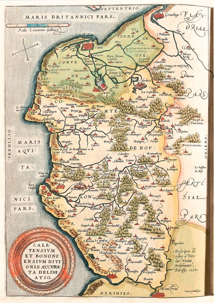 Caletensium et Bononiensium Ditionis Accurata Delineatio Geografikarta över Boulonnais-territoriet (Comte de Boulogne), Artois och Franska Flandern (Frankrike) inklusive platserna Calais, Arches, Greuelinge, Etaples och Montreuil... hämtad från "Theatrum O av Abraham Ortelius