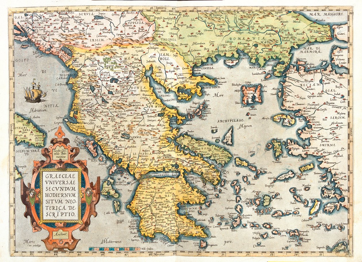 Kroatien (län: Dubrovnik-Neretva), södra Bosnien och Hercegovina, södra Serbien, södra Bulgarien, Montenegro, Albanien, Makedonien, Grekland, västra Turkiet av Abraham Ortelius