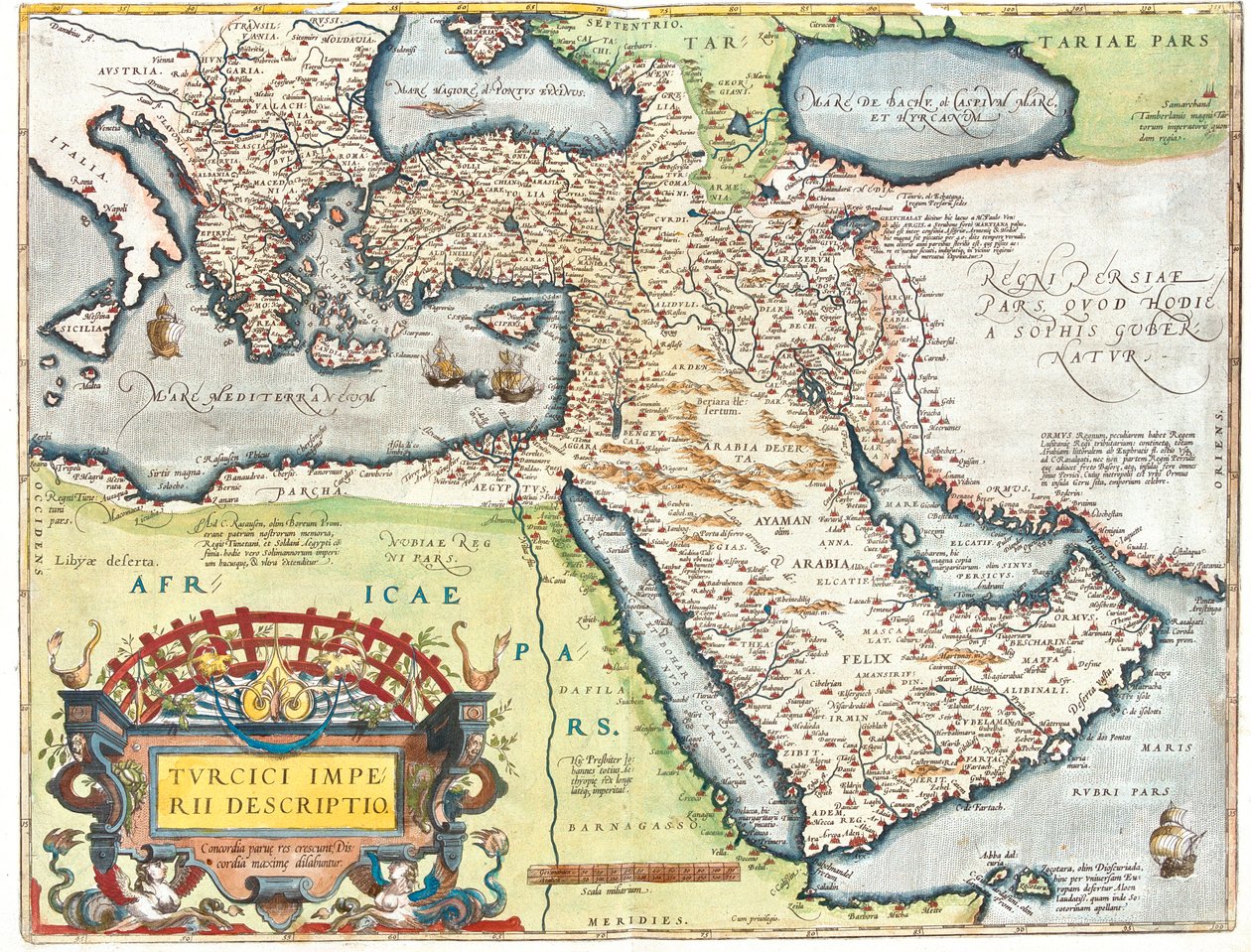 Kroatien, Rumänien, Bosnien och Hercegovina, Serbien, Bulgarien, Montenegro, Kosovo, Albanien, Makedonien, Grekland, Turkiet, södra Ryssland, Georgien, Azerbajdzjan, Armenien, Iran, Irak, Syrien, Libanon, Israel, Jordanien, Saudiarabien, Kuwait, Qatar, Bah av Abraham Ortelius
