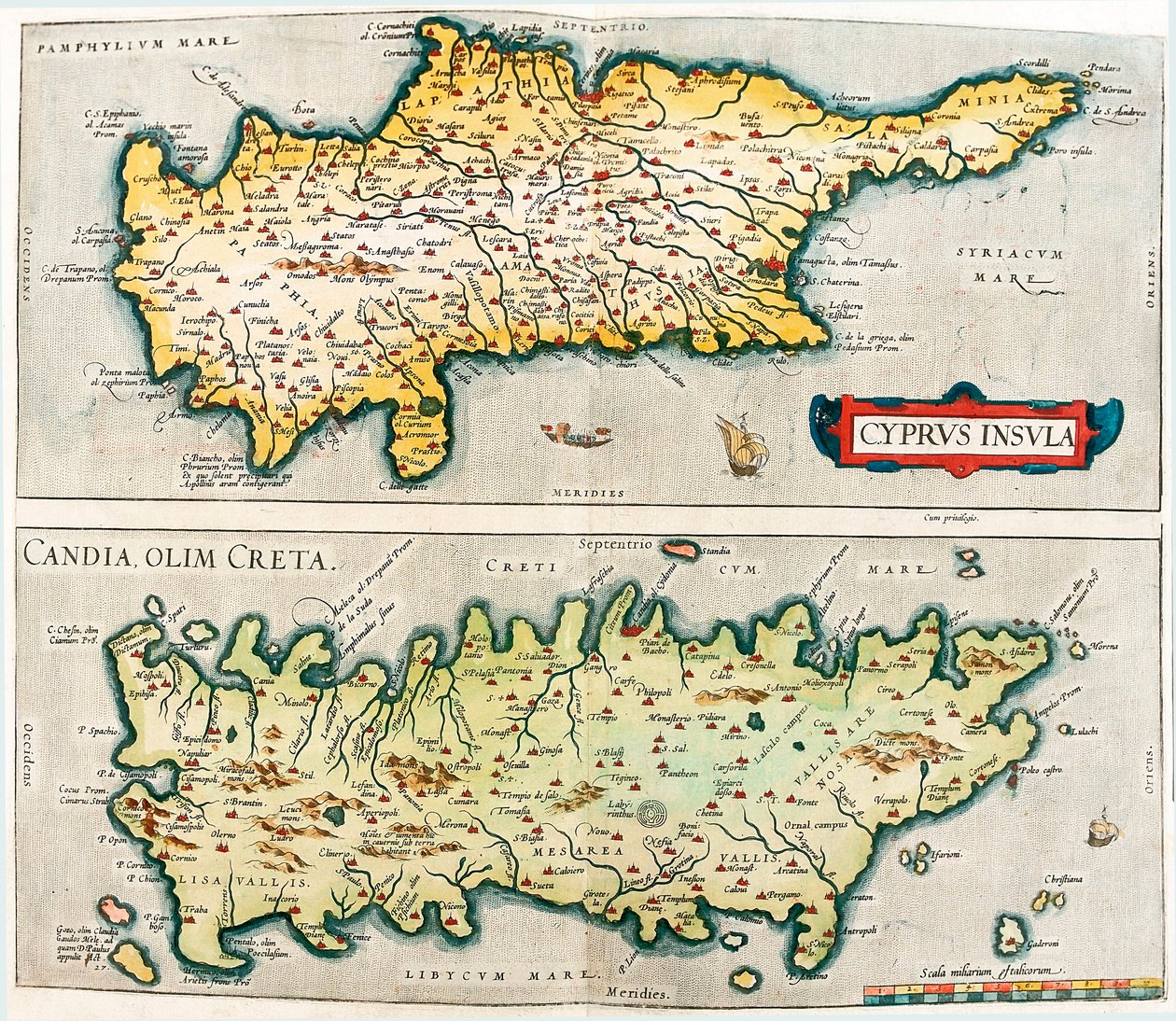 Cypern Island - Candia, tidigare Kreta Geografikarta över medelhavsöarna Cypern och Kreta i Grekland från "Theatrum Orbis Terrarum" av Abraham Ortelius (Oertel, Ortell eller Ortel av Abraham Ortelius