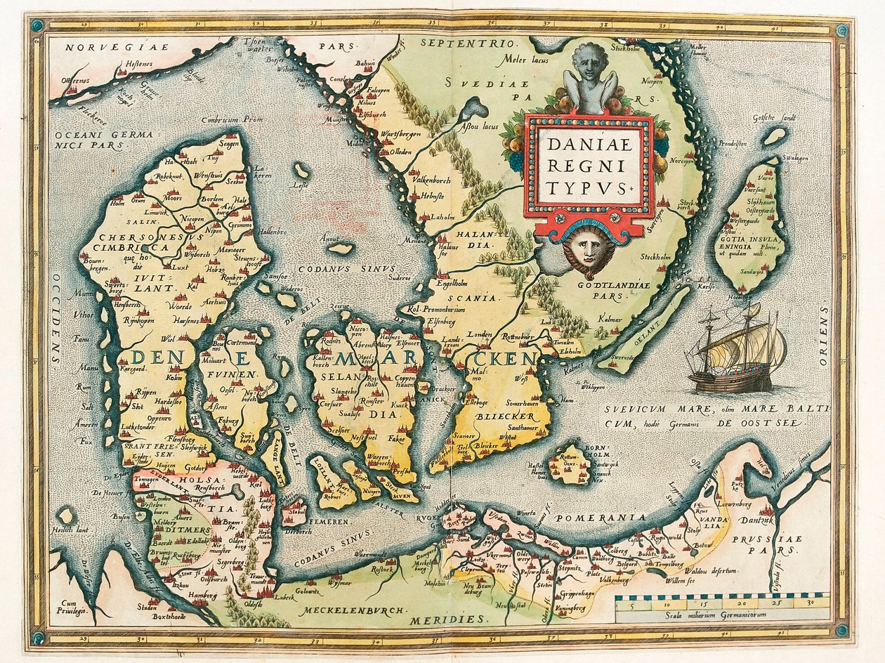 Konungariket Danmark Typ Geografikarta över Danmarks och södra Sveriges territorium från "Theatrum Orbis Terrarum" av Abraham Ortelius (Oertel, Ortell eller Ortel av Abraham Ortelius