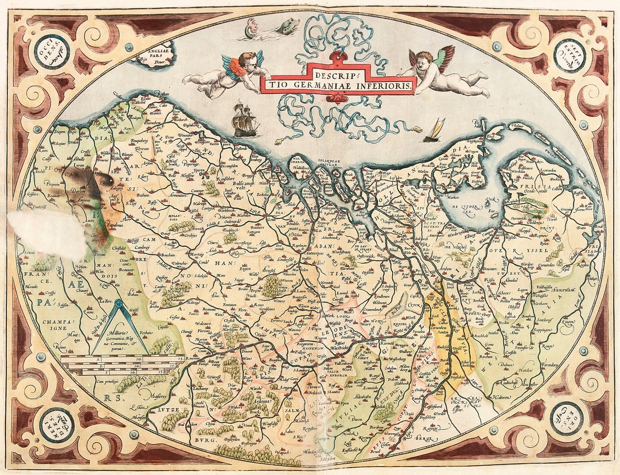 Beskrivning av Nedre Tyskland Geografikarta över Nederländernas territorium germanska från "Theatrum Orbis Terrarum" av Abraham Ortelius (Oertel, Ortell eller Ortel av Abraham Ortelius