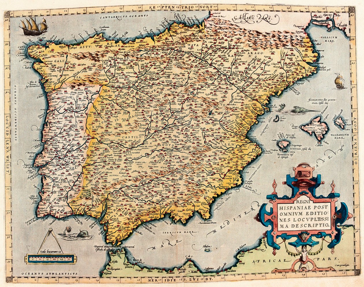 Beskrivning av Spanien. Geografikarta från "Theatrum Orbis Terrarum" av Abraham Ortelius (1527-1598) av Abraham Ortelius