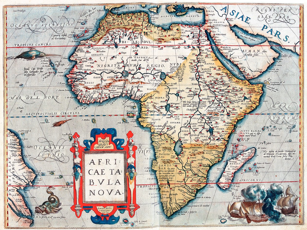 Beskrivning av den afrikanska kontinenten. Geografikarta från "Theatrum Orbis Terrarum" av Abraham Ortelius (1527-1598) av Abraham Ortelius