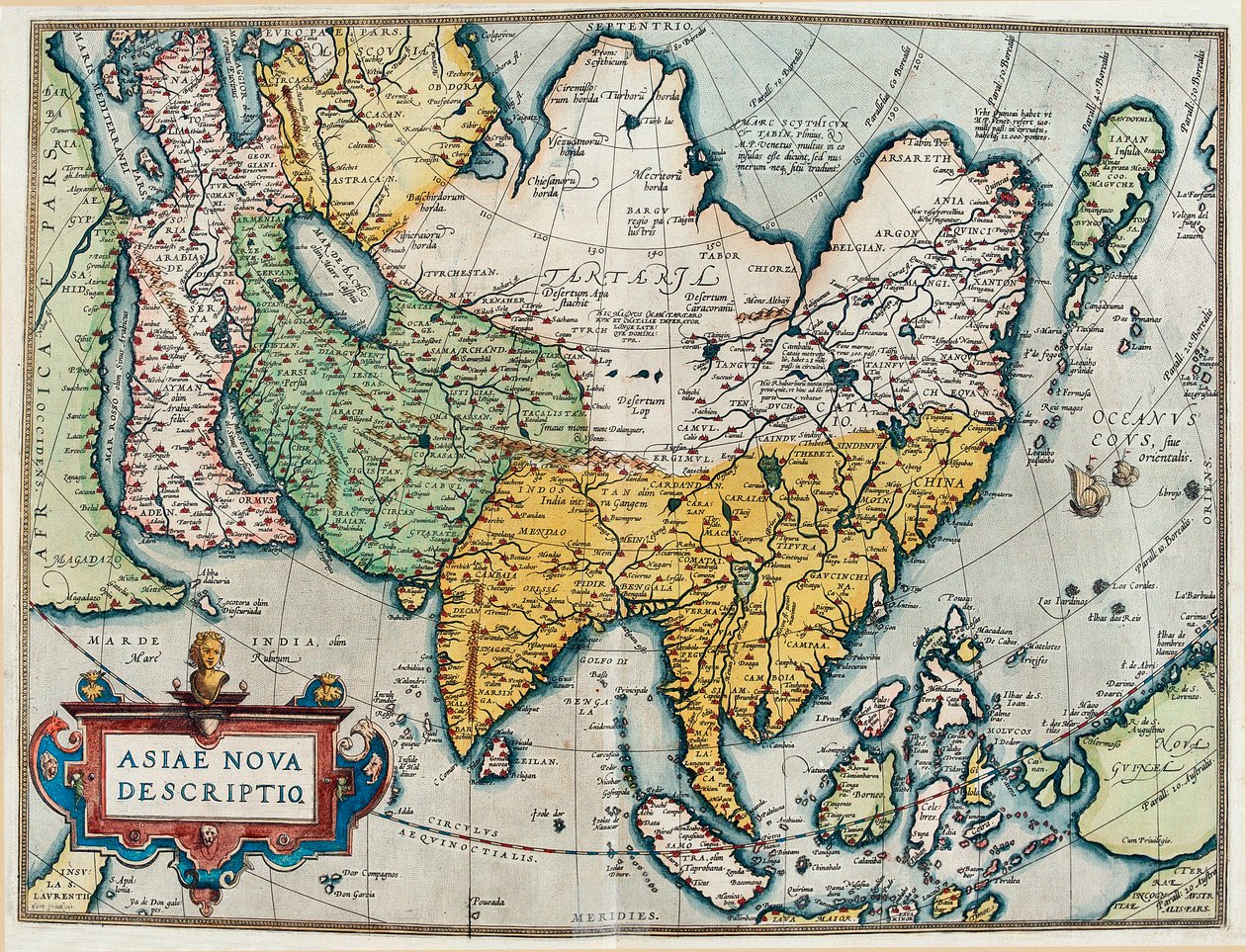 Beskrivning av den asiatiska kontinenten, Geografikarta från "Theatre of the World" av Abraham Ortelius