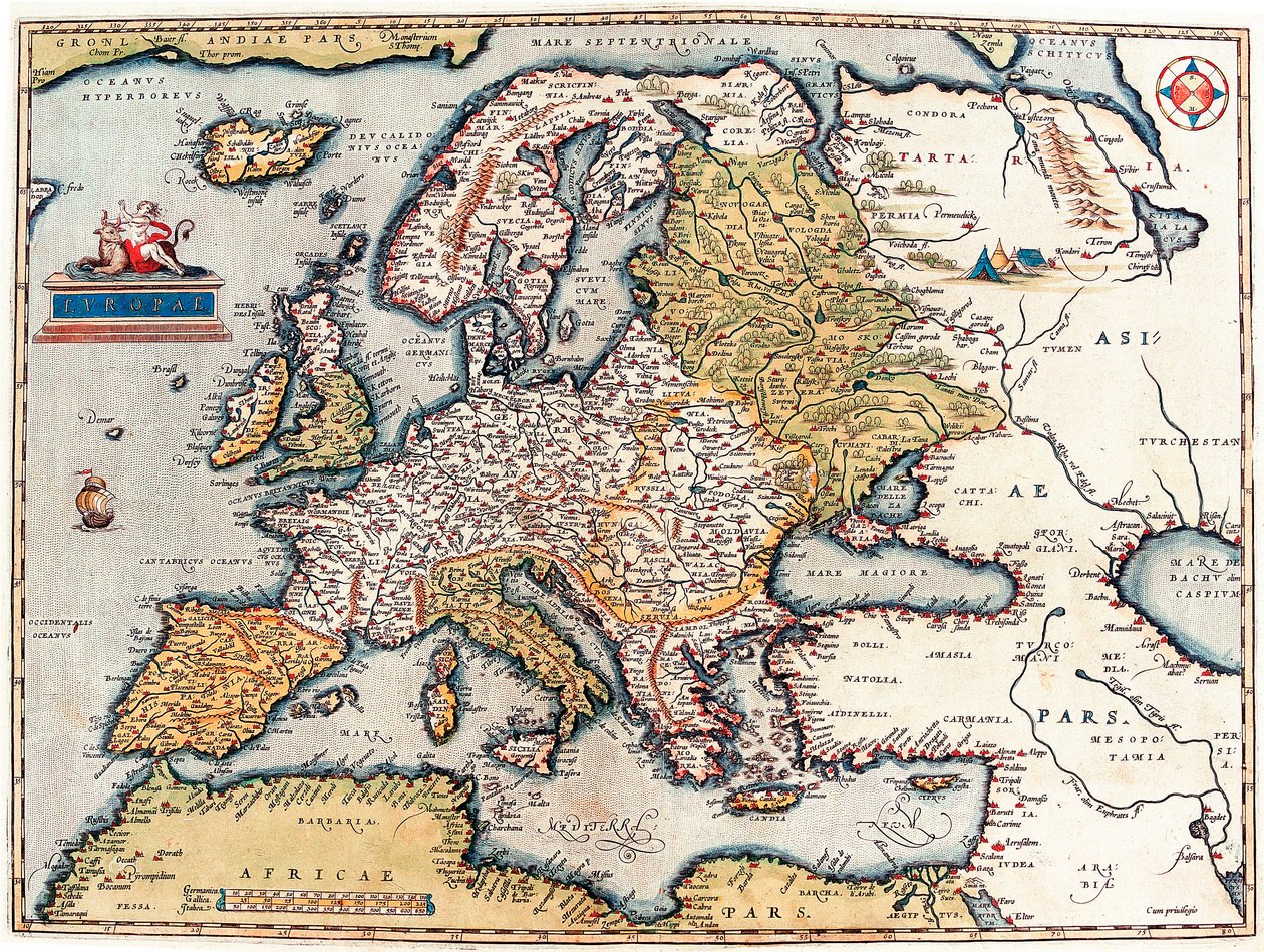 Beskrivning av den europeiska kontinenten. Geografikarta från "Theatrum Orbis Terrarum" av Abraham Ortelius av Abraham Ortelius