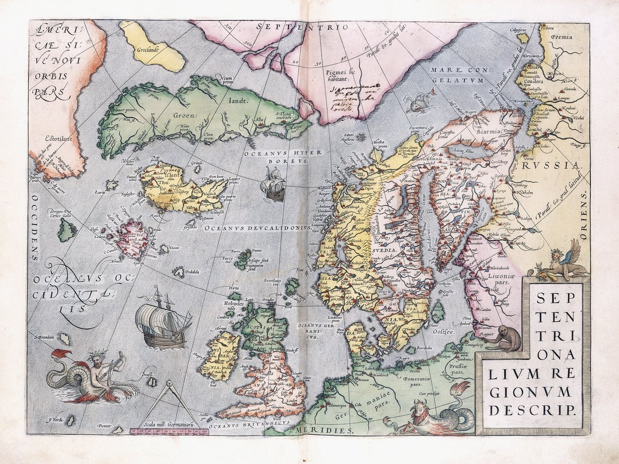 Dubbelsidig karta över norra Europa, 1575 av Abraham Ortelius
