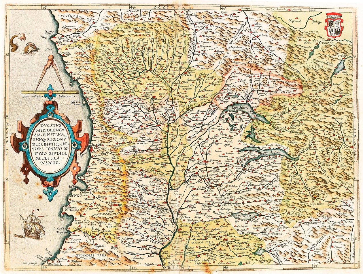 Ducatus Mediolanensis, världens gränser och regioner Geografikarta över hertigen av Milano från "Theatrum Orbis Terrarum" av Abraham Ortelius (Oertel, Ortell eller Ortel av Abraham Ortelius