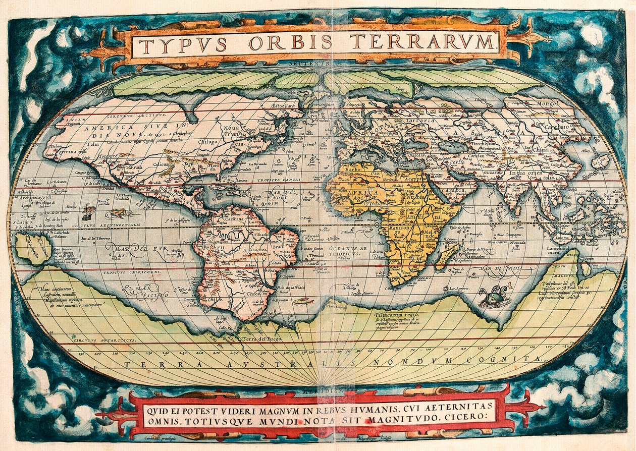 Jordkarta (världskarta) Geografikarta från "Theatrum Orbis Terrarum" av Abraham Ortelius (1527-1598) av Abraham Ortelius