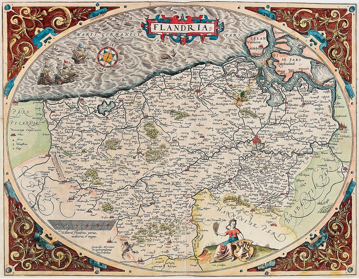 Flandern Geografikarta över Flanderns territorium från "Theatrum Orbis Terrarum" av Abraham Ortelius (Oertel, Ortell eller Ortel av Abraham Ortelius