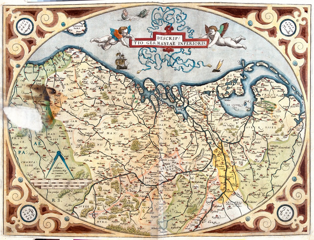 Frankrike (Region: Övre Normandie, Picardie, Nordpas de Calais, Ile-de-France, Champagne-Ardenne, Lorraine), Belgien, Holland, Tyskland (delstat: Niedersachsen, Nordrhein-Westfalen, Rheinland-Pfalz, Saarland), Luxemburg av Abraham Ortelius