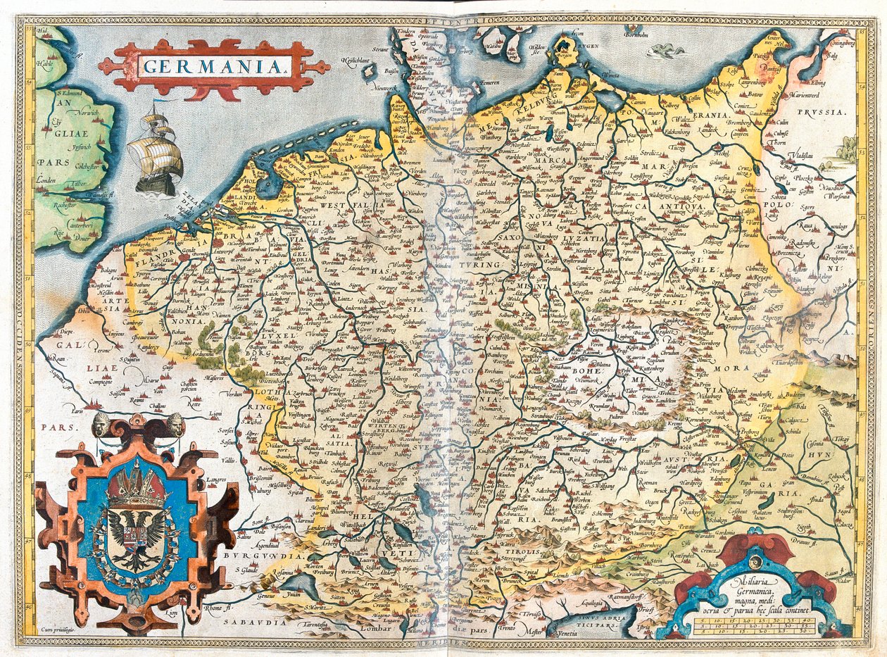 Frankrike (Region: Haute-Normandie, Picardie, Nordpas de Calais, Ile-de-France, Champagne-Ardenne, Lorraine, Alsace, Bourgogne, Franche-Comté, Rhône-Alpes), Belgien, Nederländerna, Luxemburg, Tyskland, Polen (Vojvodskap: Västpommern, Pommern, Lubusz, Gr av Abraham Ortelius