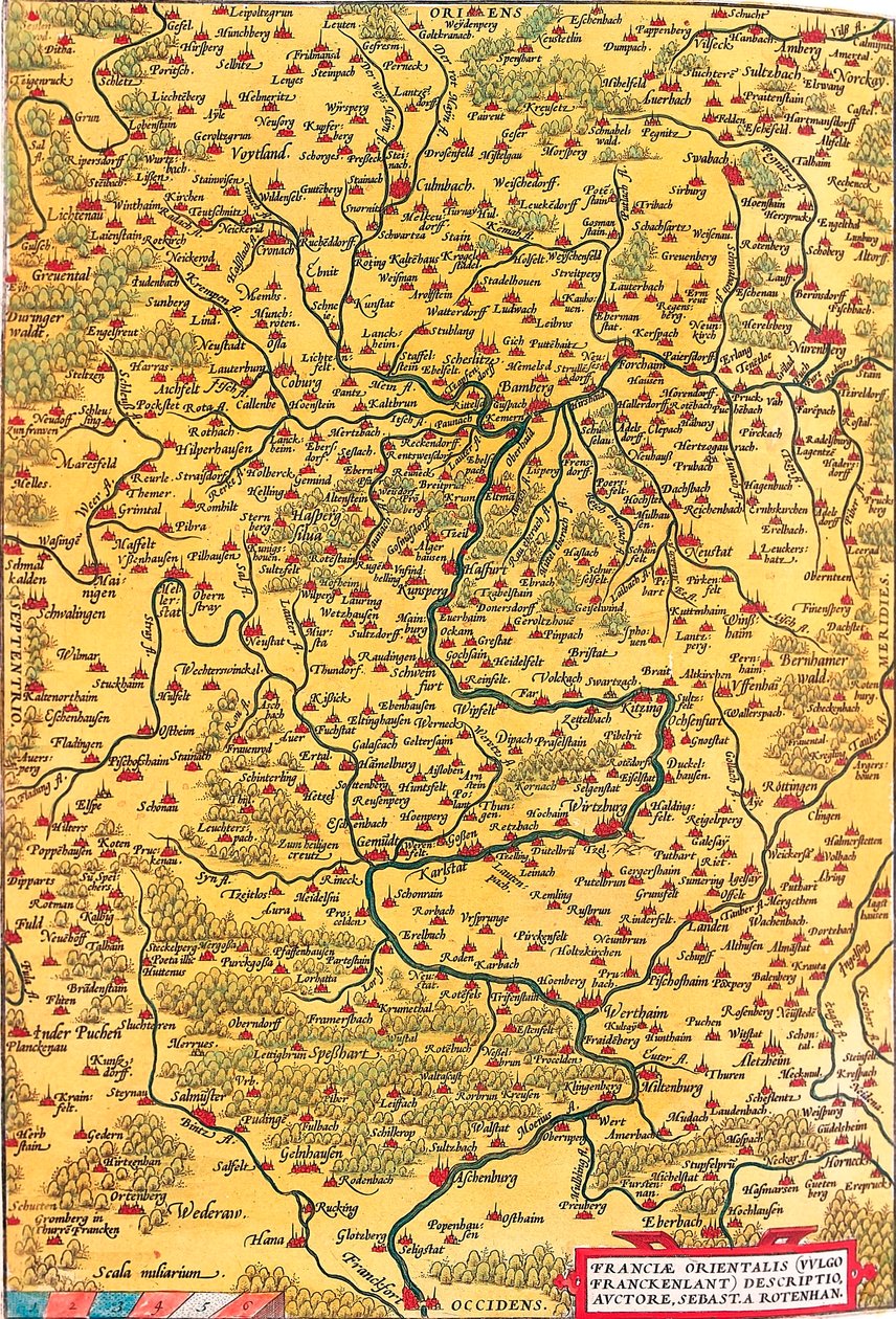 Östra Frankrike (Common/Franckenlant) Beskrivning, författare, Sebast. A. Rotenhan Geografikarta över Frankens territorium i Tyskland med staden Frankfurt (även staden Karlstadt..) hämtad från "Theatrum Orbis Terrarum" av Abraham Ortelius (Oer) av Abraham Ortelius