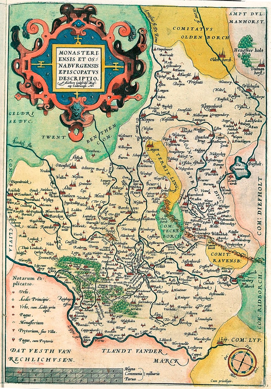 Östra Frankrike: Monasteriensis och Osnaburgensis biskopsämbete Beskrivning Geografikarta över Franken i Tyskland från "Theatrum of the World" av Abraham Ortelius (Oertel, Ortell eller Ortel av Abraham Ortelius