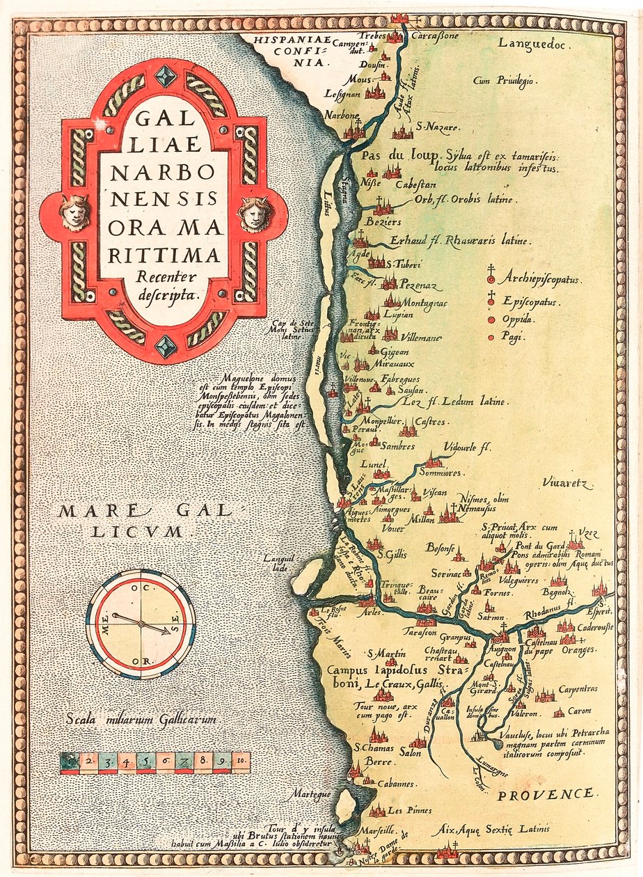 Karta över Narbonne-regionen i Narbonne nyligen beskrev Geografikarta över territoriet Narbonne som sträcker sig från staden Narbonne till Marseille via Beziers, Montpellier, Arles... tagen från "Theatrum Orbis Terrarum" av Abraham Ortelius (Oertel, Ortell av Abraham Ortelius