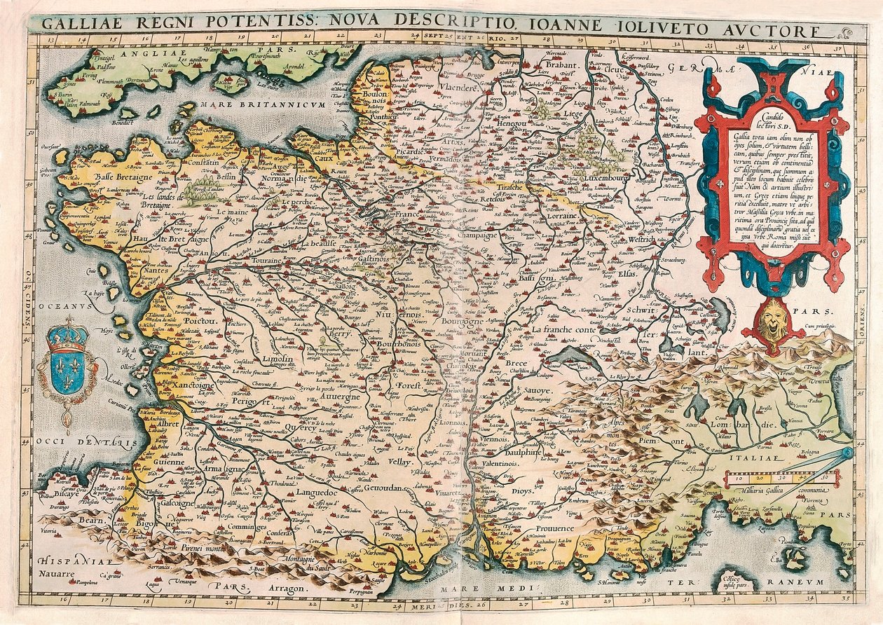 ett mäktigt kungarike i Gallien. en ny beskrivning. Geografikarta över Galliens territorium (Frankrike) från "Theatrum Orbis Terrarum" av Abraham Ortelius (Oertel, Ortell eller Ortel av Abraham Ortelius